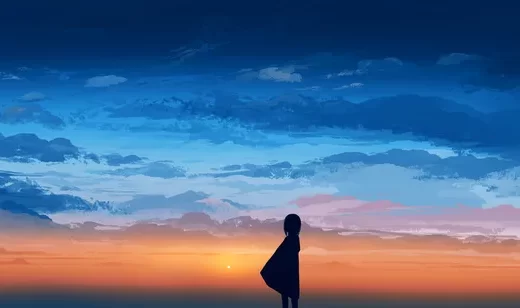 夕阳，小女孩，天际，瀑布屏长壁纸动漫场景4k图片