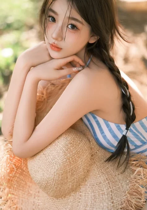 比基尼女生，抱着一顶草帽的麻花辫漂亮女生写真手机壁纸图片
