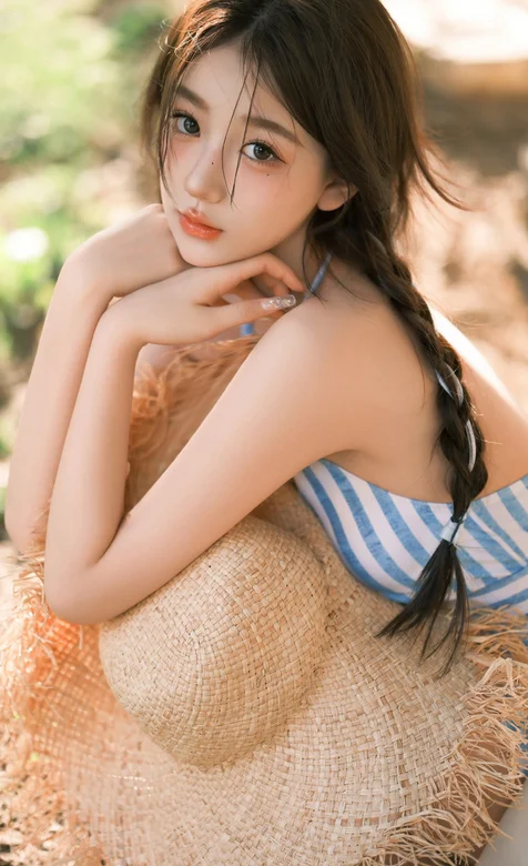 比基尼女生，抱着一顶草帽的麻花辫漂亮女生写真手机壁纸图片-iPhone17-1