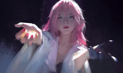 楪祈·粉色长发白衣伸展 写实唯美动漫插画 超美电脑桌面背景