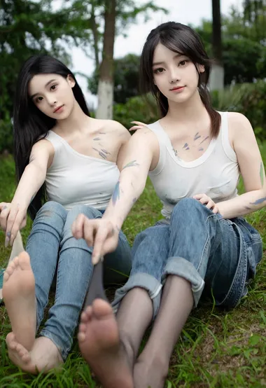 高颜值美女，白背心，牛仔裤，两个不同类型女神的户外写生画画定格美好野