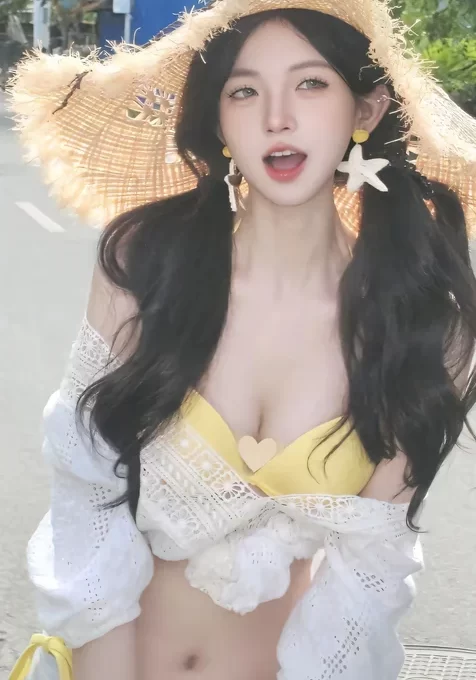 街拍比基尼内衣，牛仔短裤青春美少女手机壁纸图片