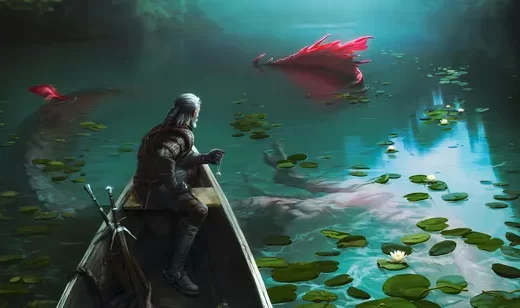 杰洛特·湖畔遇红鳞兽 巫师3写实魔幻电脑壁纸