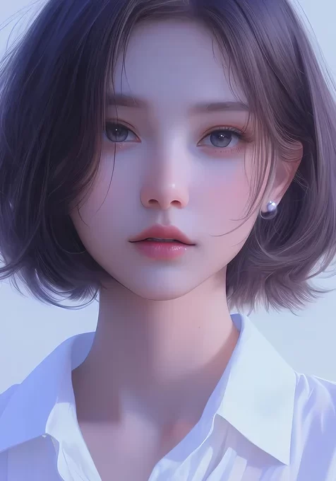 短发女孩，白衬衫，短发，五官精致的AI美女手机壁纸图片