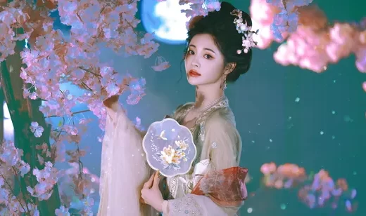 周洁琼壁纸，月下花仙，周洁琼手拿摇扇，身姿曼妙古装扮相写真壁纸