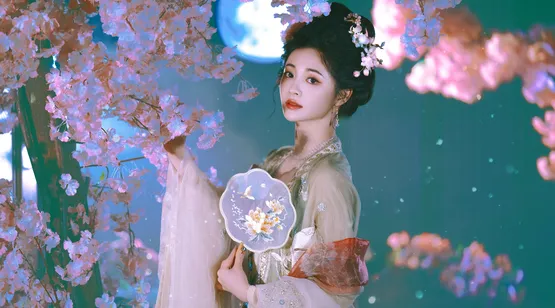 周洁琼壁纸，月下花仙，周洁琼手拿摇扇，身姿曼妙古装扮相写真壁纸-iPhone17-1