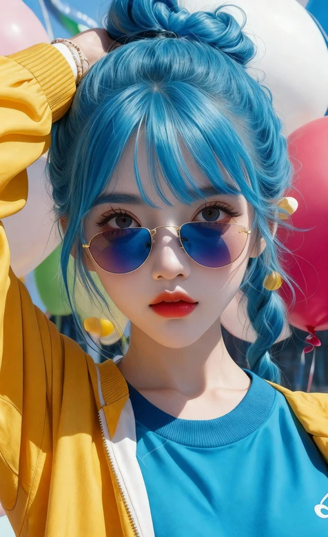 蓝发双马尾少女·元气夏日·彩色气球环绕日系清新风高清锁屏-iPhone17-1