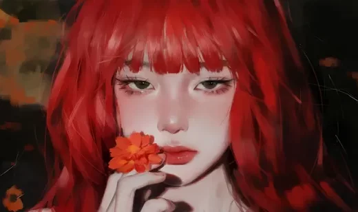 红发少女持暖橘花 写实油画风电脑壁纸