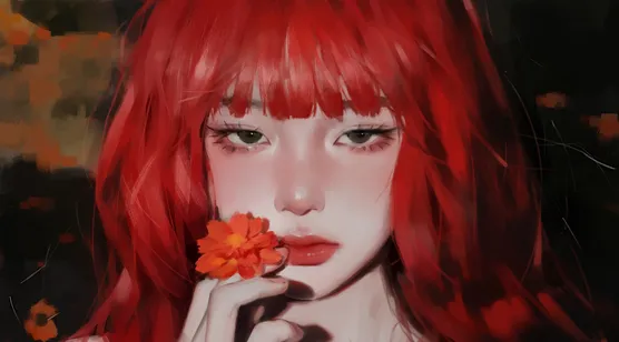 红发少女持暖橘花 写实油画风电脑壁纸-iPhone17-1