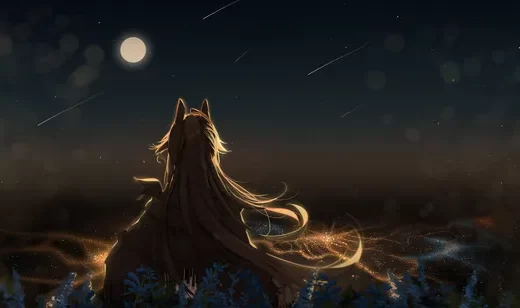 看流星的动漫女生唯美背影，漫漫的夜动漫女生插画背景壁纸图片
