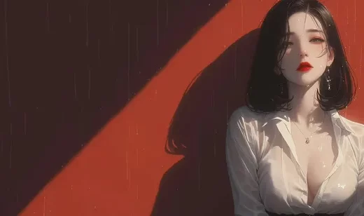 红色的墙壁前，全身被雨淋湿的性感AI美女御姐桌面壁纸图片