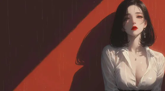红色的墙壁前，全身被雨淋湿的性感AI美女御姐桌面壁纸图片-iPhone17-1