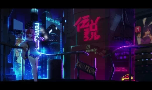 红发少女·赛博朋克像素都市 游戏风动态电脑壁纸