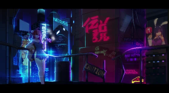 红发少女·赛博朋克像素都市 游戏风动态电脑壁纸-iPhone17-1