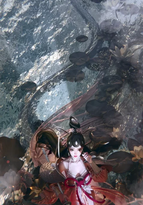 半人半蛇的美女，手提灯笼，游弋在水中的红衣古装美女蛇高清手机壁纸图片