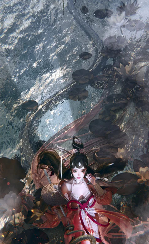 半人半蛇的美女，手提灯笼，游弋在水中的红衣古装美女蛇高清手机壁纸图片-iPhone17-1
