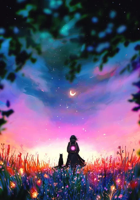 花海月夜背影人物与黑猫·唯美梦幻二次元超火氛围感手机壁纸