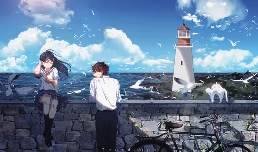 海边青春男女·白喵灯塔海鸥·唯美日系动漫插画 夏日治愈电脑壁纸
