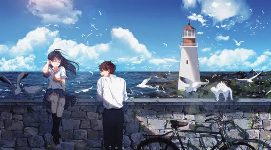 海边青春男女·白喵灯塔海鸥·唯美日系动漫插画 夏日治愈电脑壁纸-iPhone17-1