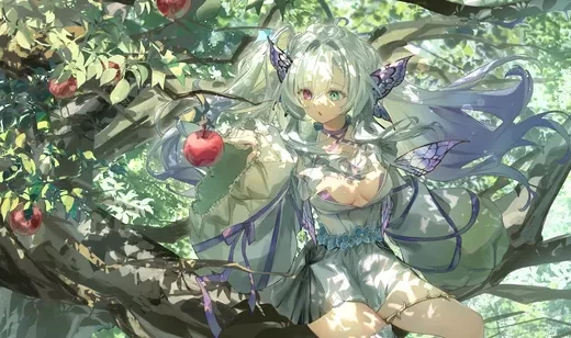 坐在苹果树上，眼睛一蓝一紫，蝴蝶结，宛如精灵的性感动漫美少女图片
