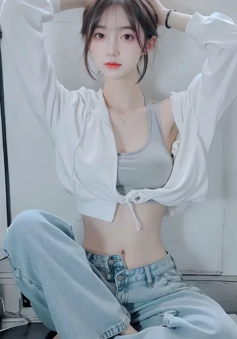 难得的温柔，高颜值美女小姐姐束身内衣加牛仔裤穿搭温柔居家写真手机壁纸