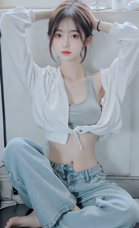 难得的温柔，高颜值美女小姐姐束身内衣加牛仔裤穿搭温柔居家写真手机壁纸-iPhone17-1