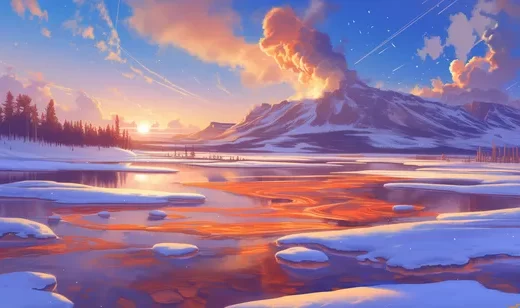 黄石公园的冬天，大雪，火山，天空，云彩，黄石公园的冬天景色壁纸图片