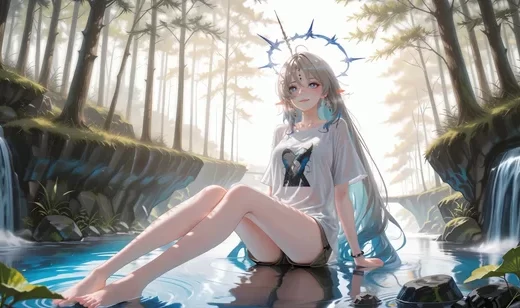 二次元唯美银发蓝发少女（荆棘光环）森林瀑布动态电脑壁纸