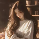 书香女生，安静坐在书房中的长发气质AI美女桌面壁纸图片