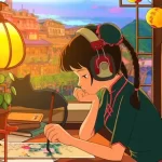 中国风手绘动漫壁纸戴着耳麦认真画画的学生