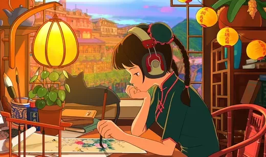 中国风手绘动漫壁纸戴着耳麦认真画画的学生