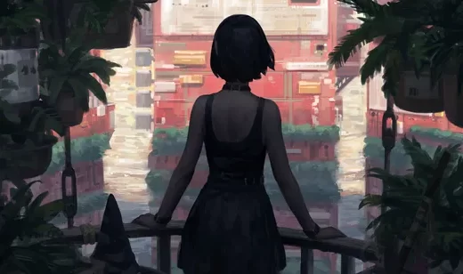 站在阳台上的短发动漫女生背影桌面壁纸