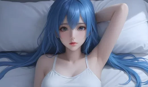 蓝色头发AI女生壁纸，躺着穿上，身着吊带白背心的性感大眼睛AI美女壁
