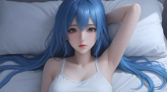 蓝色头发AI女生壁纸，躺着穿上，身着吊带白背心的性感大眼睛AI美女壁-iPhone17-1