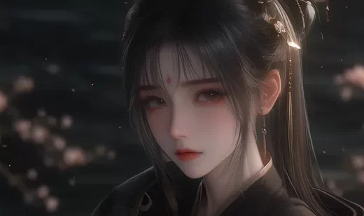 眉心点红的古装黑衣动漫AI美女高清侧颜桌面壁纸图片