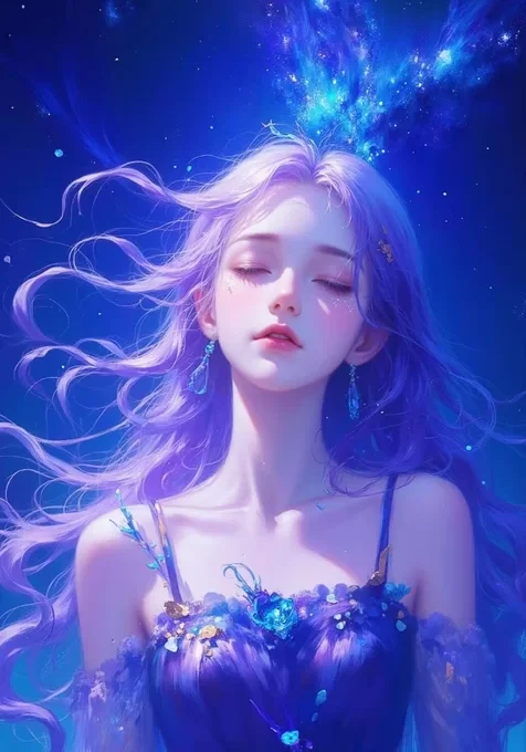 梦幻唯美！蓝色星空下，AI美少女身着吊带抹胸裙，闭眼享受宁静瞬间手机