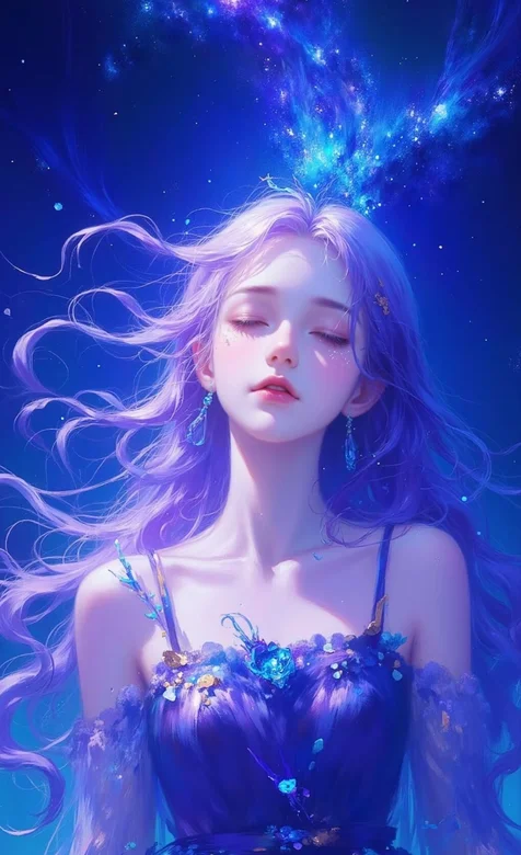 梦幻唯美！蓝色星空下，AI美少女身着吊带抹胸裙，闭眼享受宁静瞬间手机-iPhone17-1