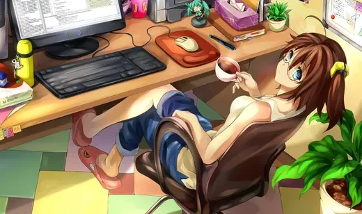坐在书房电脑桌前的动漫少女壁纸图片