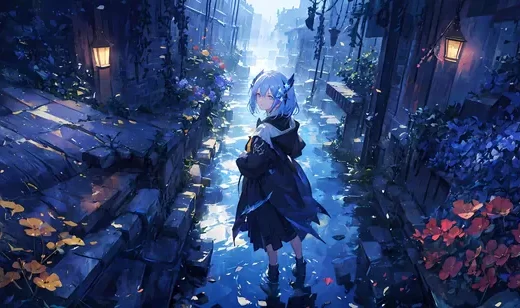 蓝发少女雨夜小巷灯笼花二次元场景