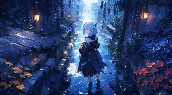 蓝发少女雨夜小巷灯笼花二次元场景-iPhone17-1