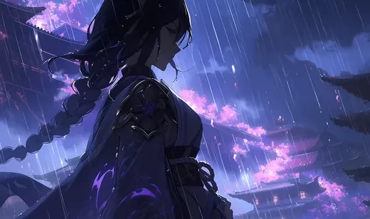 夜晚，下雨天，站着雨中的雷电将军唯美图片