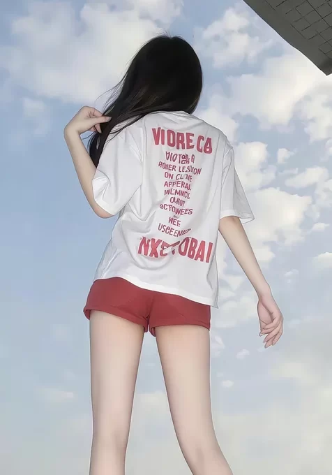 仰望天空女孩，白色字母T恤，红色短裤穿着美腿美少女背影手机壁纸图片