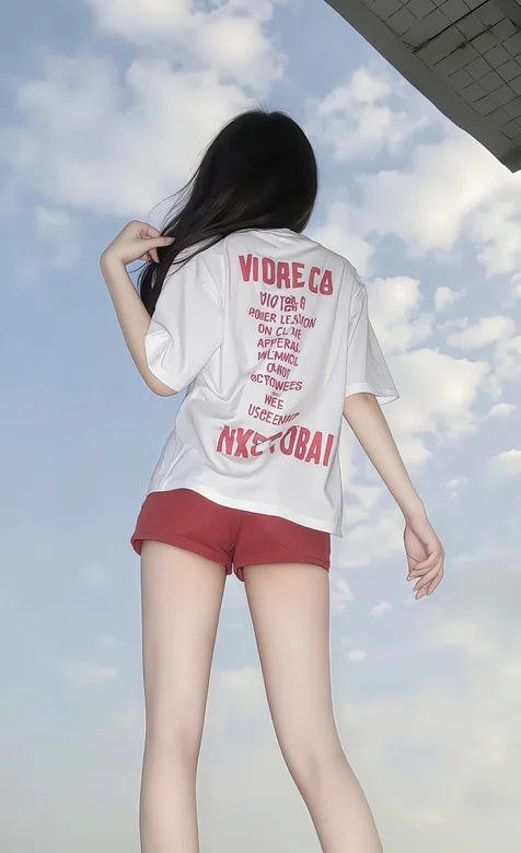 仰望天空女孩，白色字母T恤，红色短裤穿着美腿美少女背影手机壁纸图片-iPhone17-1