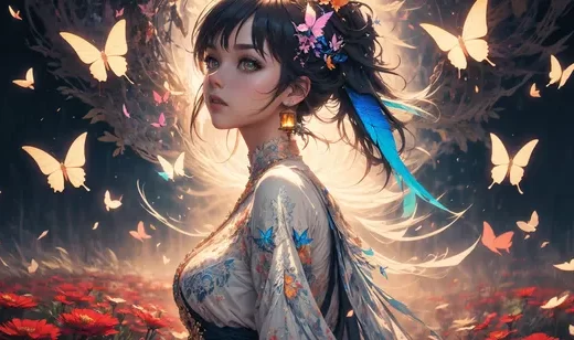 红色的鲜花丛中，被蝴蝶环绕，发光的漂亮大眼睛古装AI动漫美女梦幻图片