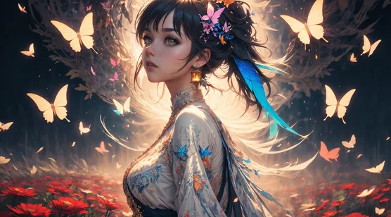 红色的鲜花丛中，被蝴蝶环绕，发光的漂亮大眼睛古装AI动漫美女梦幻图片-iPhone17-1