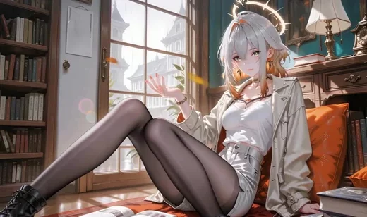 二次元少女·光环渐变发 复古书房 唯美动态电脑壁纸