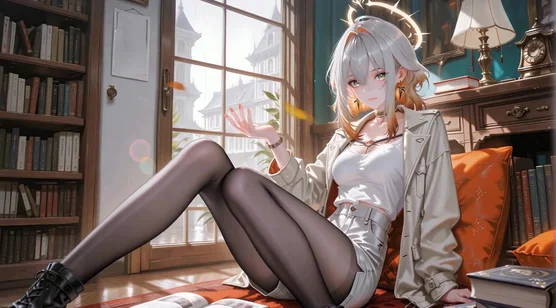 二次元少女·光环渐变发 复古书房 唯美动态电脑壁纸-iPhone17-1