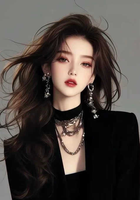 轻舞飞扬的秀发，高颜值，小脸，甜酷气质AI美女黑色西服穿搭手机壁纸图