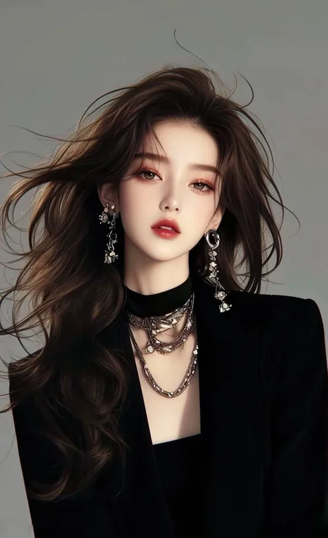 轻舞飞扬的秀发，高颜值，小脸，甜酷气质AI美女黑色西服穿搭手机壁纸图-iPhone17-1