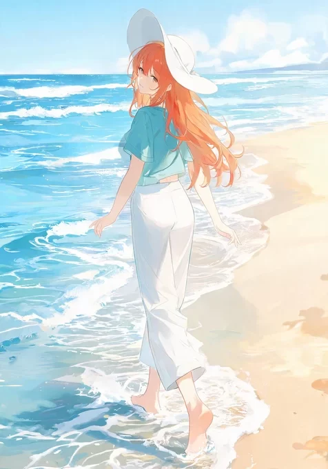 二次元橙发少女·海边漫步 全面屏高清锁屏